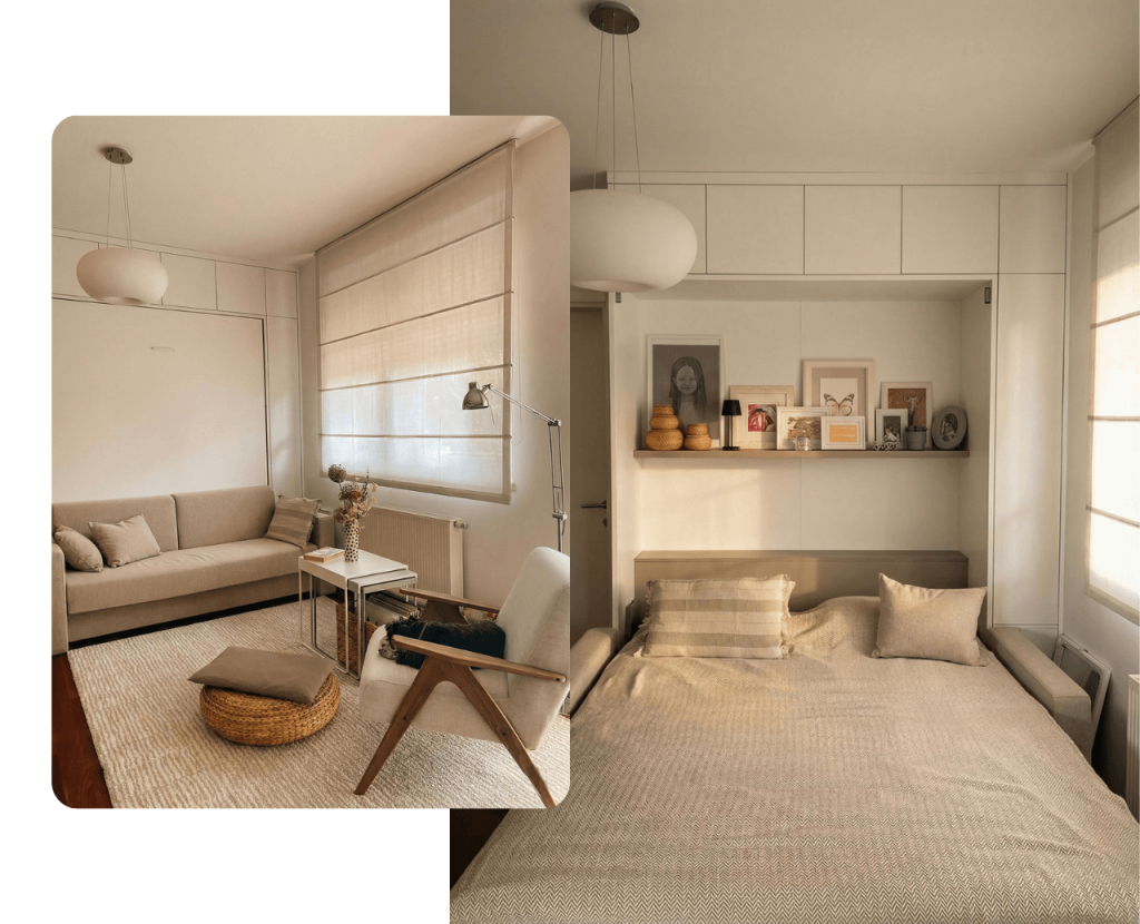 Zidni krevet FlipFlap sa sofom. Prikaz zatvorenog i otvorenog kreveta